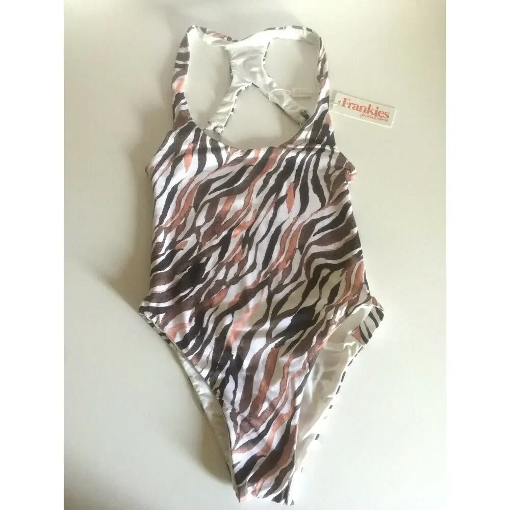 NWT Frankies Bikinis Venom Tiger One Piece Swimsuit Animal Brown White L